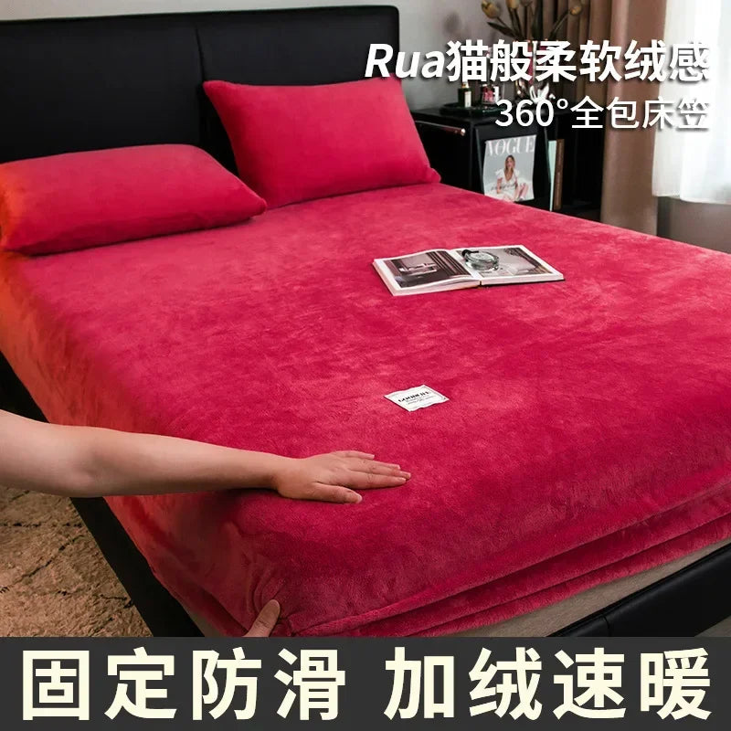 Warm Plush Fitted Sheet Elastic Mattress Cover Fluffy Velvet Fleece Bed Linen Couple Thermal Double Bed Not Included Pillowcase.