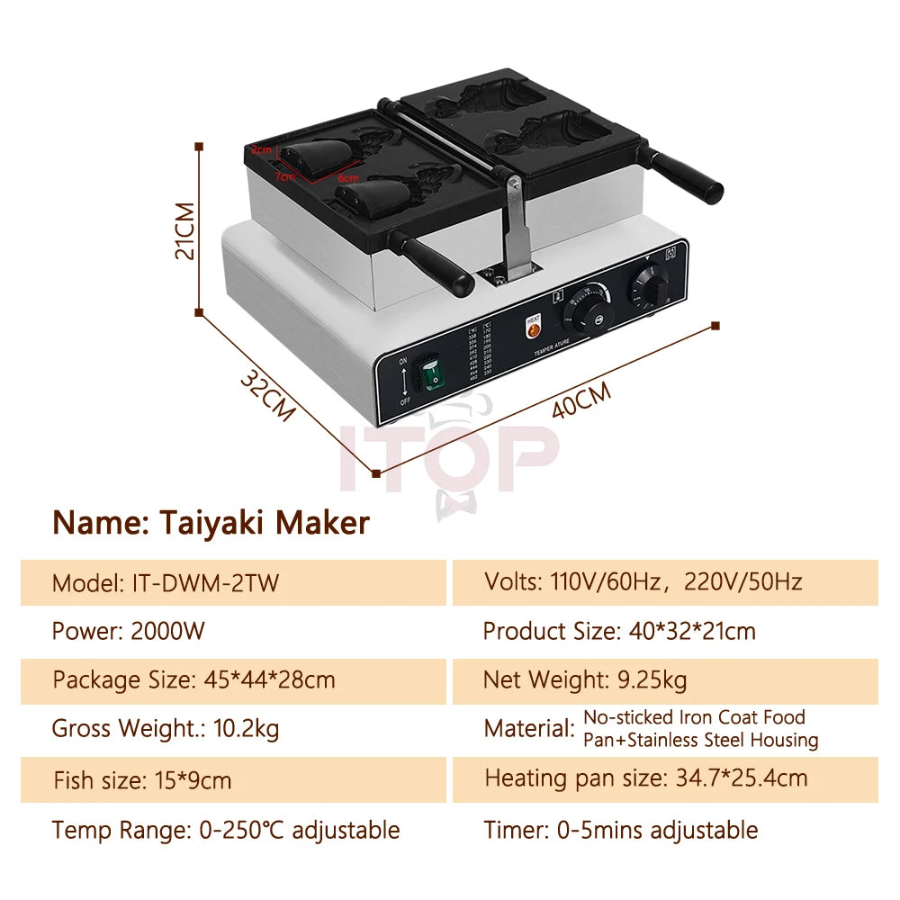 ITOP Taiyaki Waffle Maker 2 Fishes Commercial Ice Cream Taiyaki Pan Making Machine Waffle Cone Baking 2000W Muffin Pancake Snack.