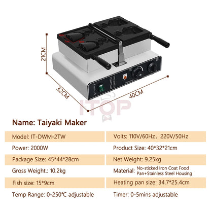 ITOP Taiyaki Waffle Maker 2 Fishes Commercial Ice Cream Taiyaki Pan Making Machine Waffle Cone Baking 2000W Muffin Pancake Snack.
