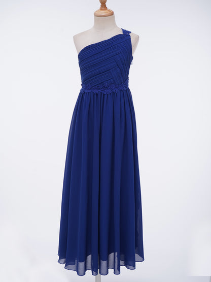 Mädchen Hochzeit Brautjungfer Kleid One Shoulder Elegante Guipure-Spitze Geraffte Chiffon Maxi Party Kleider Geburtstag Abend Abendkleid