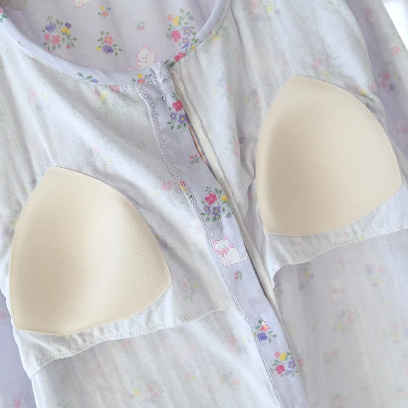 Spitzen-Design, Rundhals-Pyjama-Set aus Baumwolle, doppellagig, Gaze, für Damen, vier Jahreszeiten, dünne, langärmelige Hosen, Strickjacken, Kleidung.