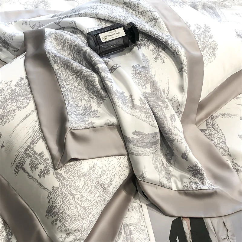 Soft Silky Skin Friendl natural Eucalyptus Fiber Lyocell Bedding Set Forest Plants Leopard Duvet Cover Set Bed Sheet Pillowcases.