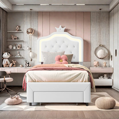 Rosahqnda Kinderbett, gepolsterter Bettrahmen, Krone, Kopfteil, Schubladenschrank, verstellbare Kopfteil-Lederoberfläche