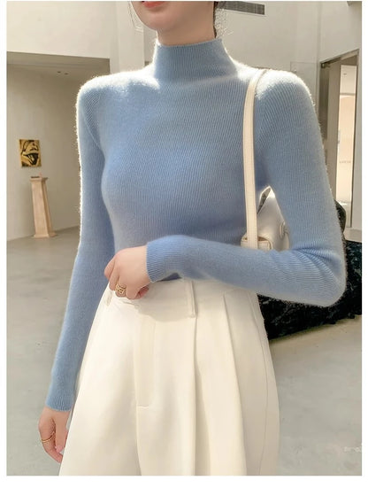 Women Fashion Tops Autumn Winter 2025 Turtleneck Sweater Women Knitted Pullovers Korean Style Simple Base Layer Knitted Sweater.