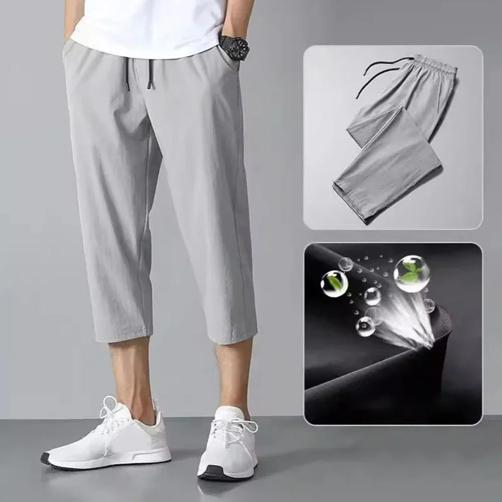 2025 New Summer Men's Ice Silk Pants Hong Kong Style Trendy Loose-Fit Straight-Leg Cropped Pants Korean Version Casual Pants.