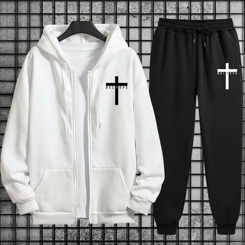 Cross of Christ Mens Hip Hop Tracksuit Set 2025 New 2 Piece Outfit Zipper Hoodie Joggers Urban Streetwear Autumn Winter Fashion.