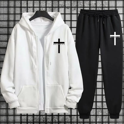 Cross of Christ Mens Hip Hop Tracksuit Set 2025 New 2 Piece Outfit Zipper Hoodie Joggers Urban Streetwear Autumn Winter Fashion.