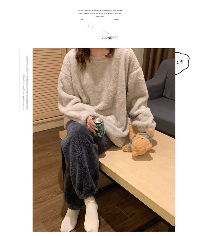 Winter Fleece Women Pajamas Set  Sleepwear Solid Velvet 2 Piece Pant Home Suit Fluffy Casual Warm Flannel Night Wear.