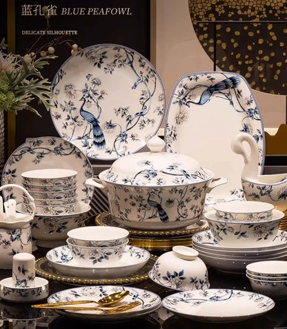 Blue Peacock Bone China Dining Plate Blue and White Kitchen Tableware Flower Ceramic Tableware Home Dining Bar Main Course Plate.