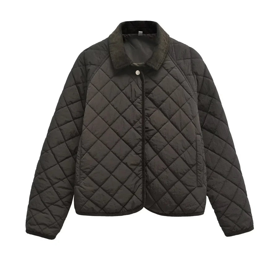 Women's Quilted Jacket with Padded Lining Model ETJ 2025 - Casual and Simple Diamond Quilted Short Puffer Jacket with Collar.