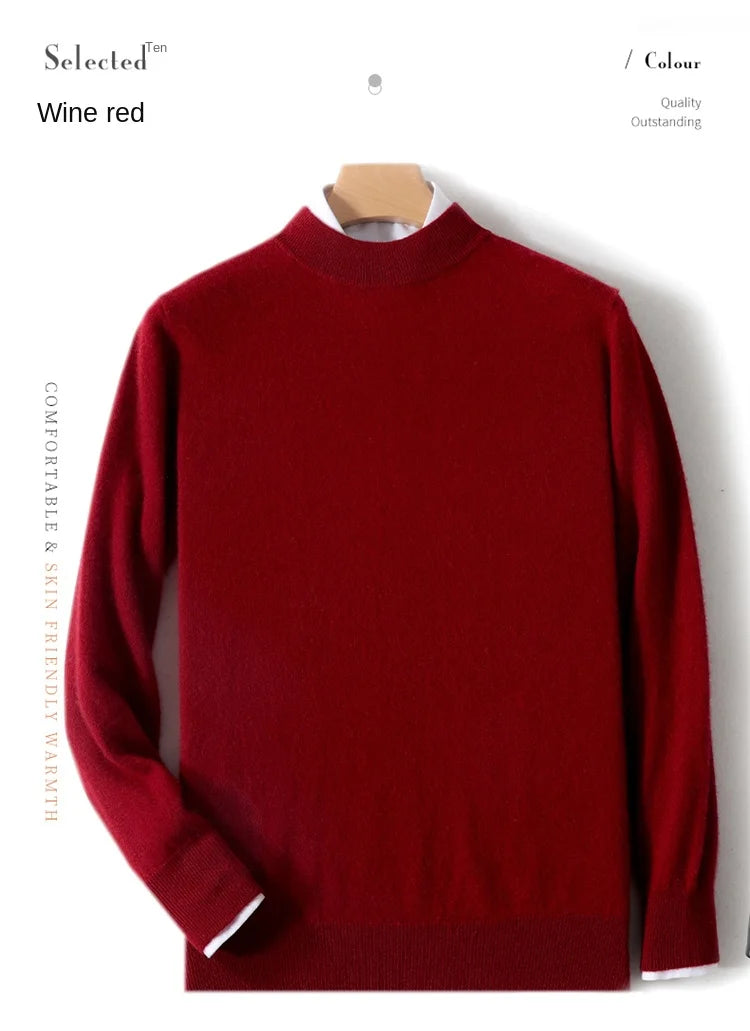 100% Pure Merino Wool Men's Semi High Neck Pullover Solid Color Plus Size Casual Sweater Autumn And Winter Sports Cashmere Top