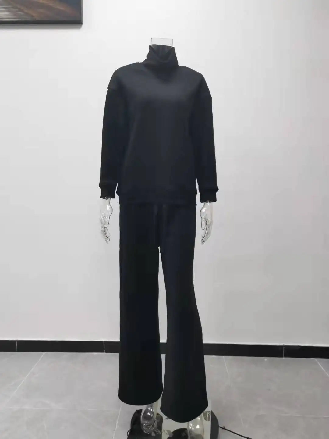 Autumn and Winter Women's New Knitted Fashion Casual Suit Two-piece High-neck Long-sleeved Top + Drawstring Wide-leg Pants Y2k.