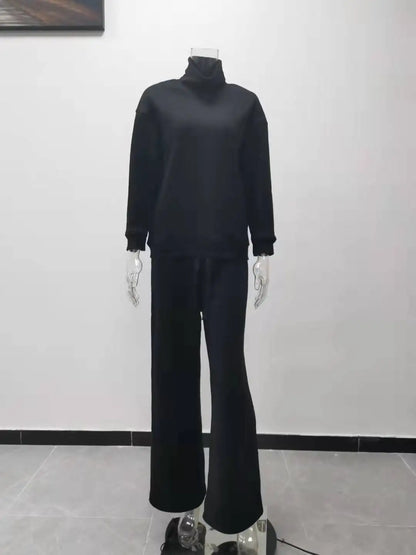 Autumn and Winter Women's New Knitted Fashion Casual Suit Two-piece High-neck Long-sleeved Top + Drawstring Wide-leg Pants Y2k.