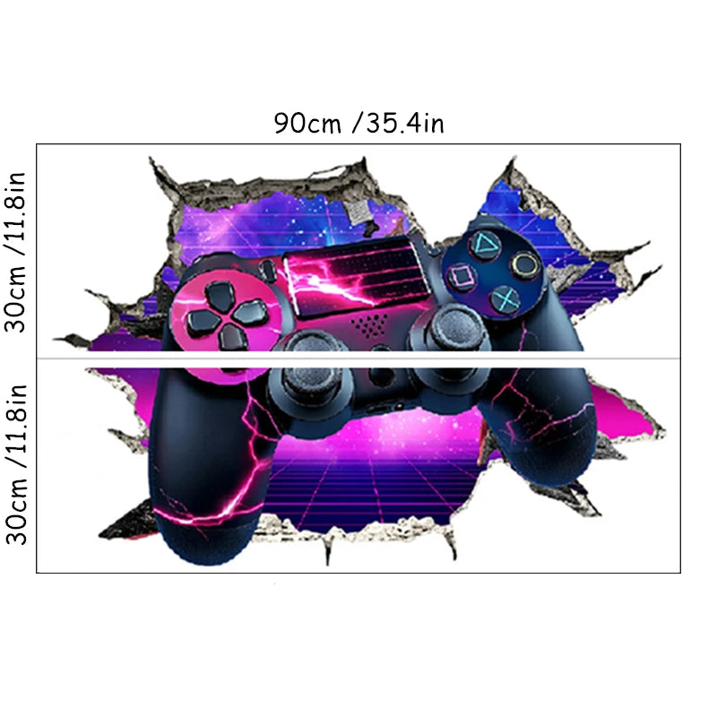 Larger Game Poster 3D Wall Hole Art Cool Gamer Zone Gamepad Vinyl Mural Stickers Home Decoration for Kids Bedroom Gaming Rooms.