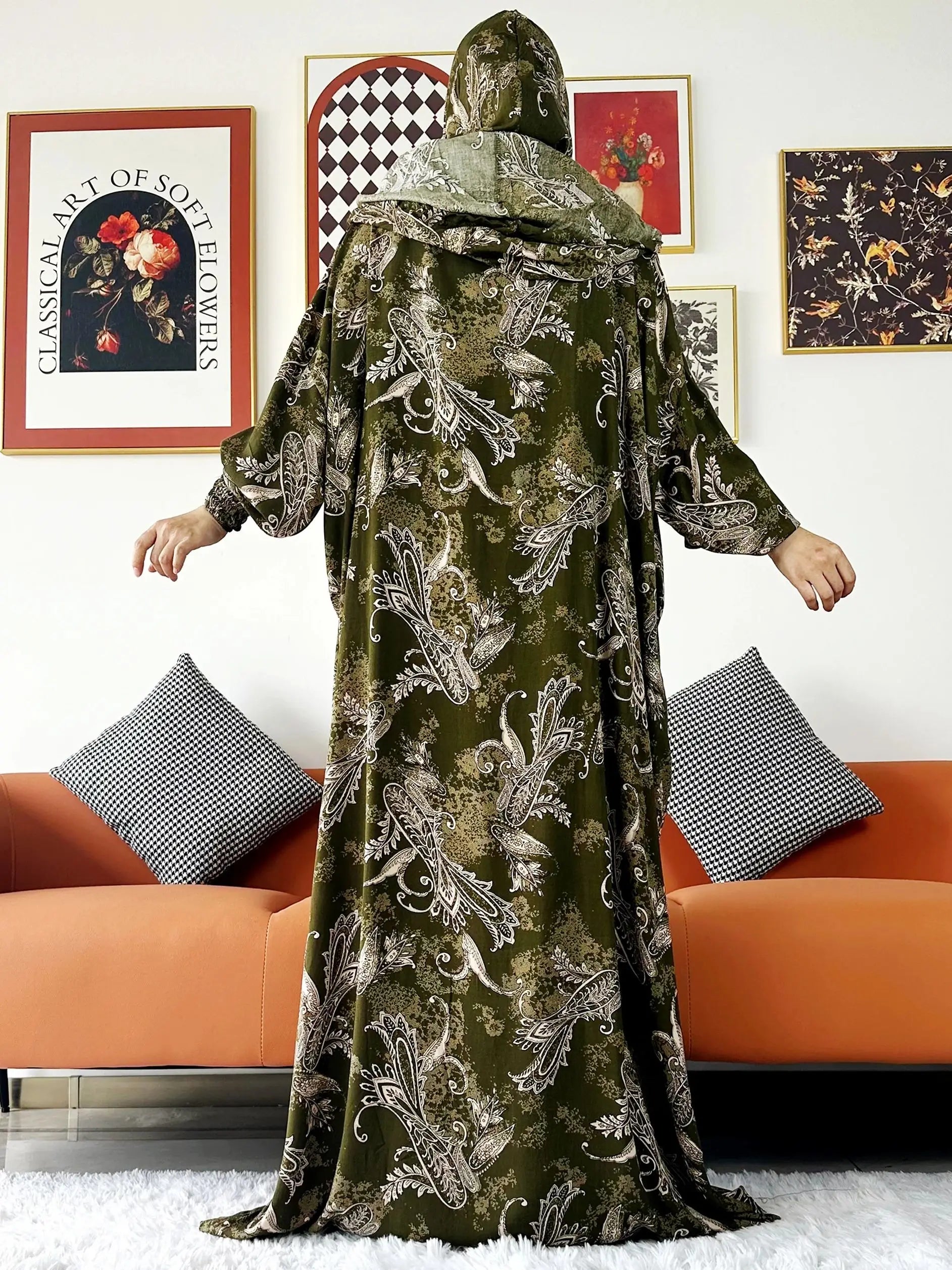 Promotion New Two Hat Women Abaya With Hooded Floral Casual Long Sleeve Abaya Tassel Muslim Saudi Prayer Kaftan Oriental Robes.