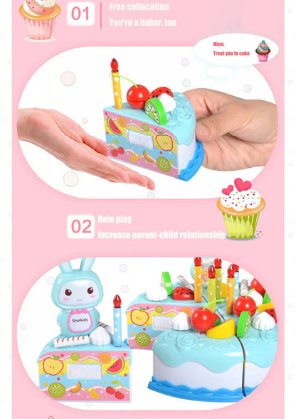 Kids Toy Simulation DIY Birthday Cake Model Kitchen Pretend Play House Cutting Fruit Food Toy for Toddler Children Gift Boy Girl.