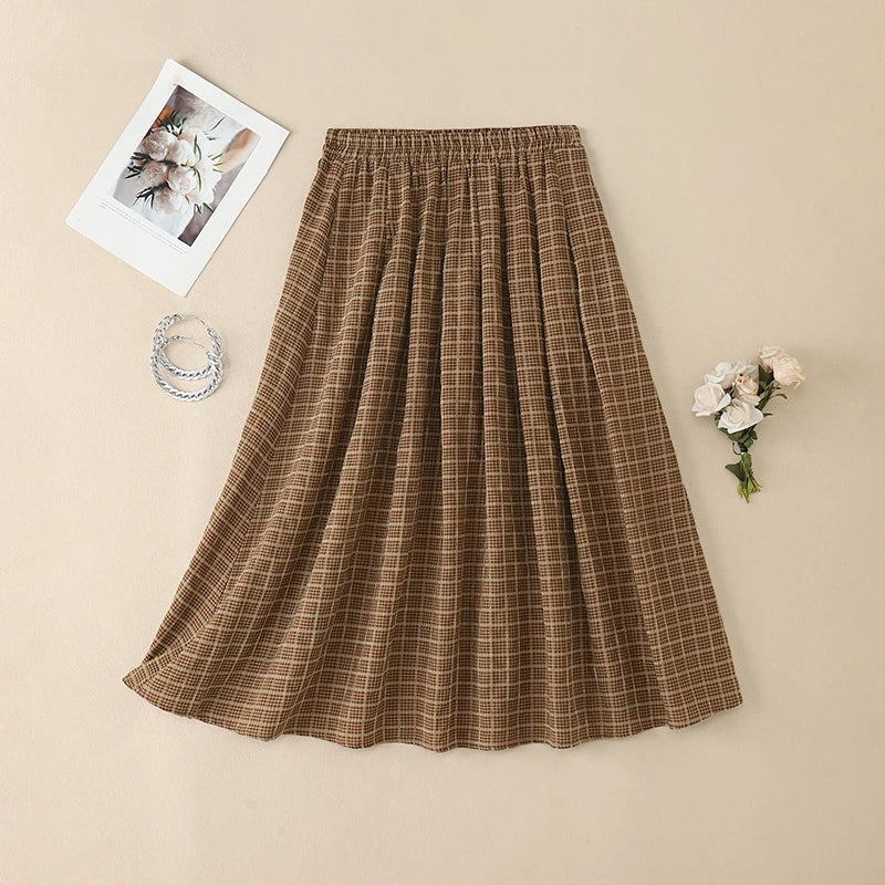 ZANZEA Women's Vintage Gingham Midi Skirts Casual Elastic Waist Gathered A-Line Skirt 2025 Autumn Woman Clothing Bottoms S-3XL.