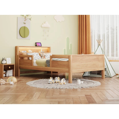 Multifunktions-Holzbett, USB- und Tape-C-Kombinationssteckdose, kleines LED-Licht, Kopfteil mit Einlagerfunktion, Einzelbett