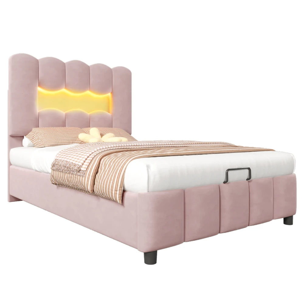 Modernes Polsterbett, 90 x 200 cm, ohne Matratze, LED-Beleuchtung, mit hydraulischem Gerät, verstellbarer Kopfteil, Samt, Grau