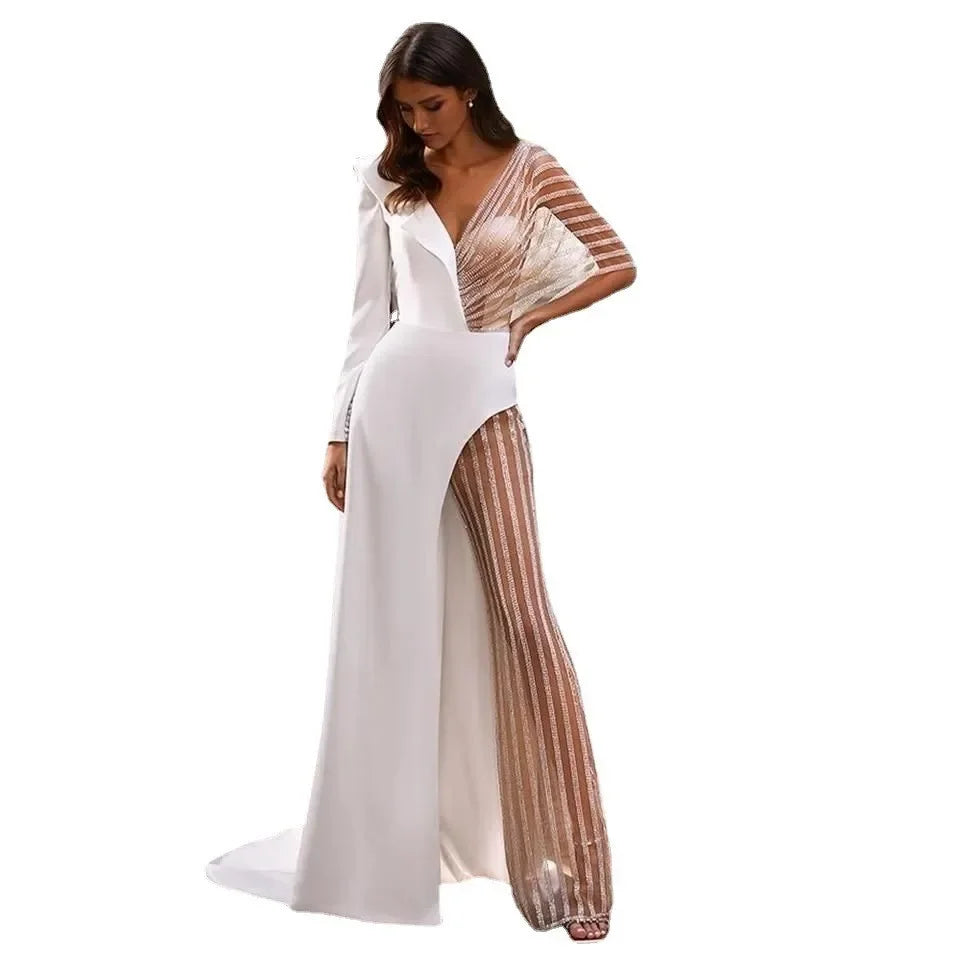 2024 Spring New Women's Clothing Amazon V-Neck Lace Irregular Gown Jumpsuit Colorful Blocks Inverted Pleated Prom Gowns.