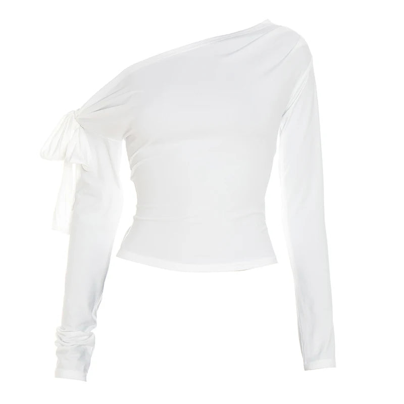 CUTENOVA Fall New Arrival Women Gathered One-Shoulder Twisted Tie-Front Asymmetrical Long-Sleeve T-Shirt Simple Casual Sweet Top.