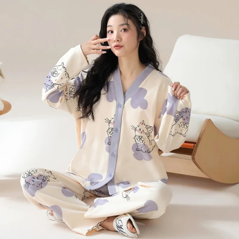 Herbst Winter Pyjamas Set für Frauen Kawaii Druck Nachtwäsche Anzug für Mädchen Mode Restlong Ärmel V-Ausschnitt Frau Pyjamas Set.