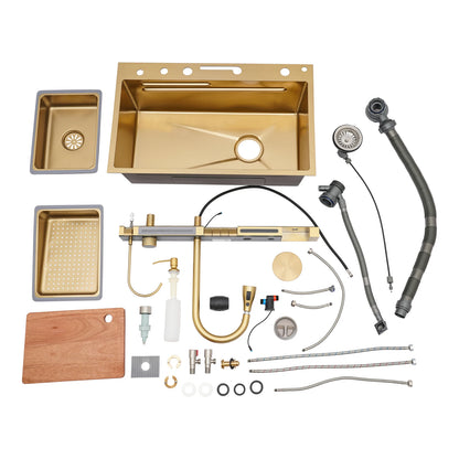 Goldfarbenes intelligentes Küchenspülbecken mit Wasserhahn, digitales Touch-Bedienfeld, ausziehbarem Sprühgerät und Tassenwascher, modernes Waschbecken aus Edelstahl