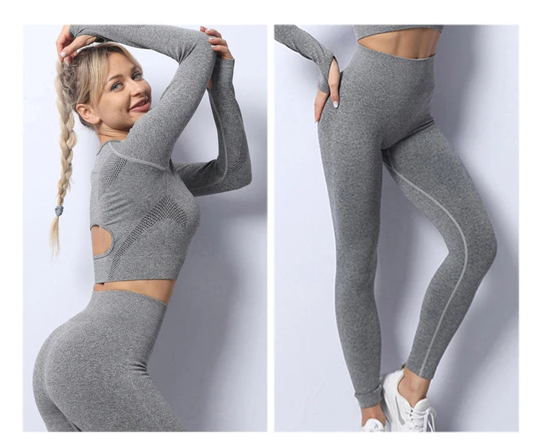 Women Yoga 2 Pieces Workout Outfits Seamless High Waist Leggings Sports Crop Top Running Clothes Sets