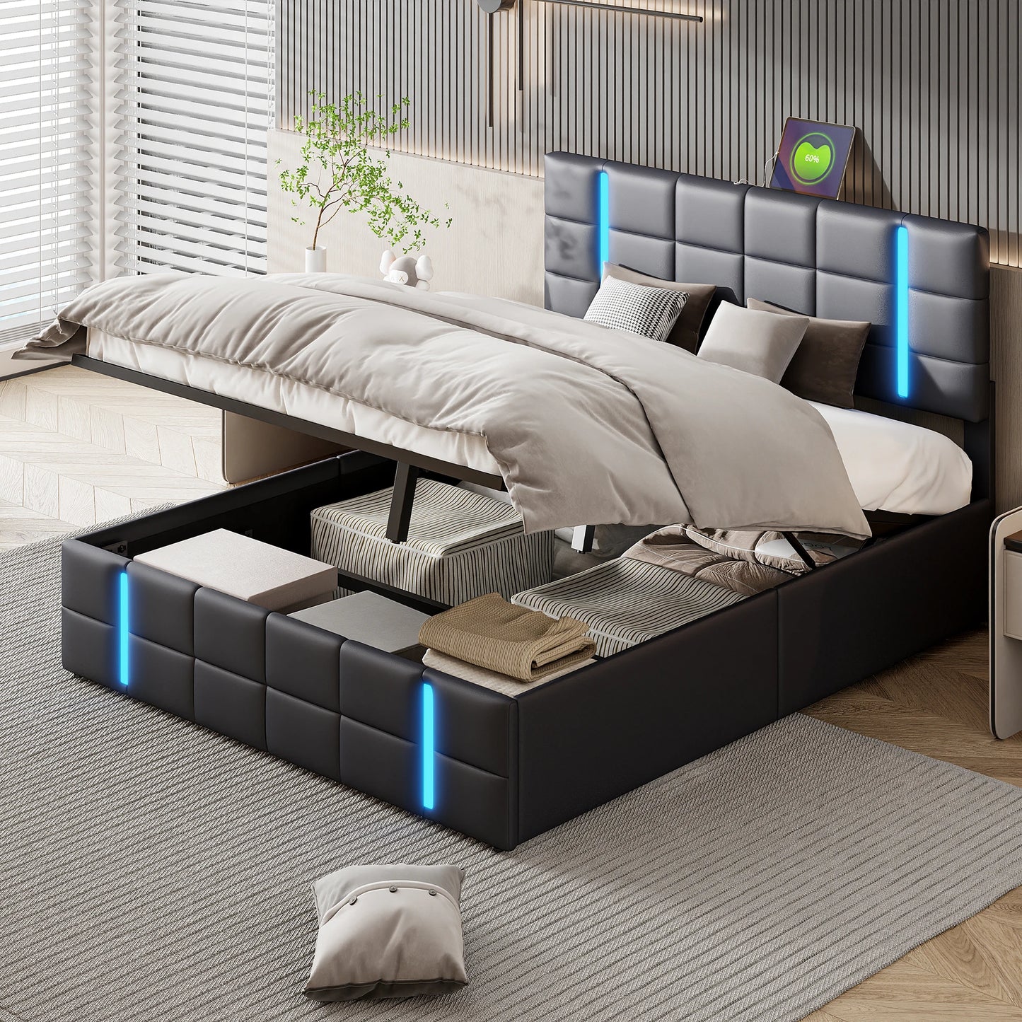 Comanlai 140 x 200 cm gepolstertes Bett, Doppelbett mit USB-Ladeanschluss und LED-Licht, hydraulisches Bett mit Stauraum und Lattenrost, PU