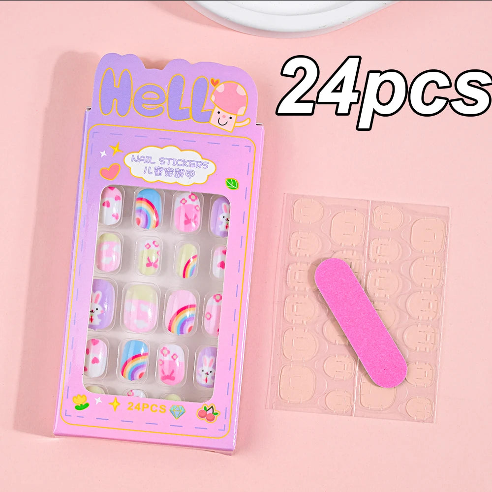 120pcs/box Pink Cartoon Children Press On Nails Candy Color Unicorn Cat Bunny Kids Full Cover False Nail Girls Party Nail Decora