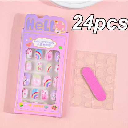 120pcs/box Pink Cartoon Children Press On Nails Candy Color Unicorn Cat Bunny Kids Full Cover False Nail Girls Party Nail Decora