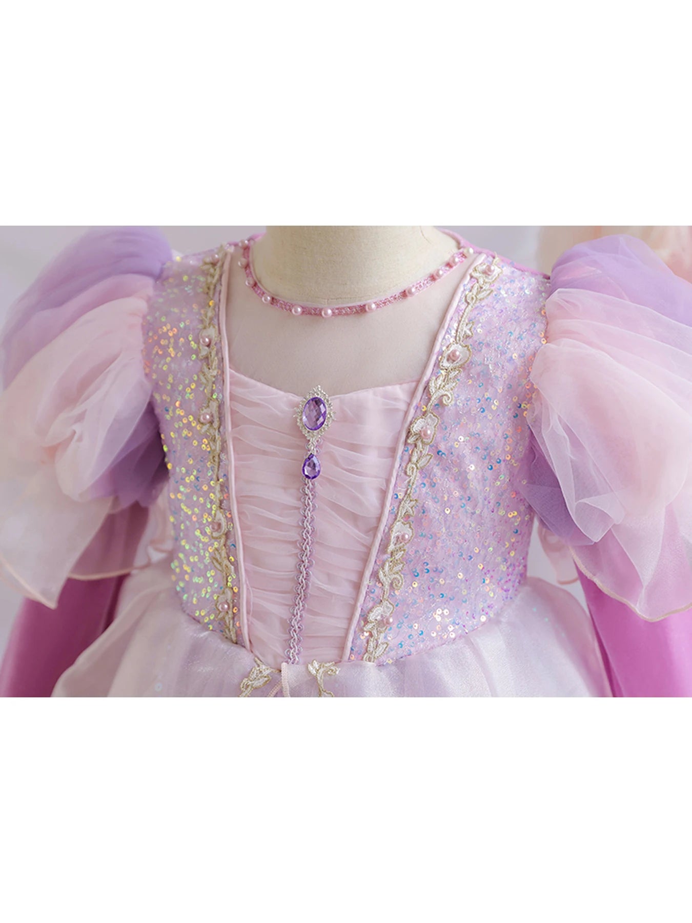 Wunderschönes Mädchenkleid, Puffärmel + lange Ärmel, Netzbedeckung, geeignet für Tänze, Partys, Auftritte, Host-Verkleidung