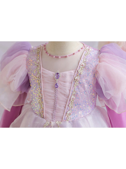 Wunderschönes Mädchenkleid, Puffärmel + lange Ärmel, Netzbedeckung, geeignet für Tänze, Partys, Auftritte, Host-Verkleidung