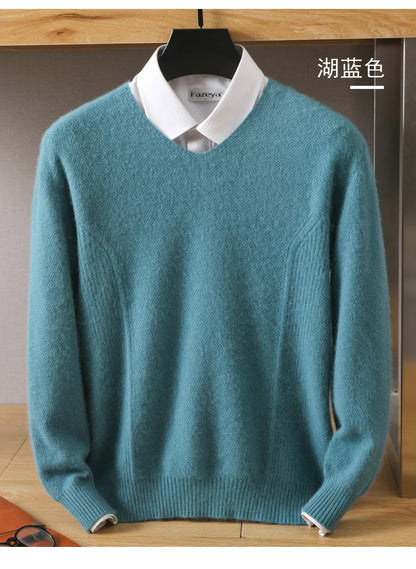 Men's 100% Pure Mink Cashmere Sweater V-Neck Pullovers Knit Large Size Mink Sweater Winter New Tops Long Sleeve High-End Jumpers