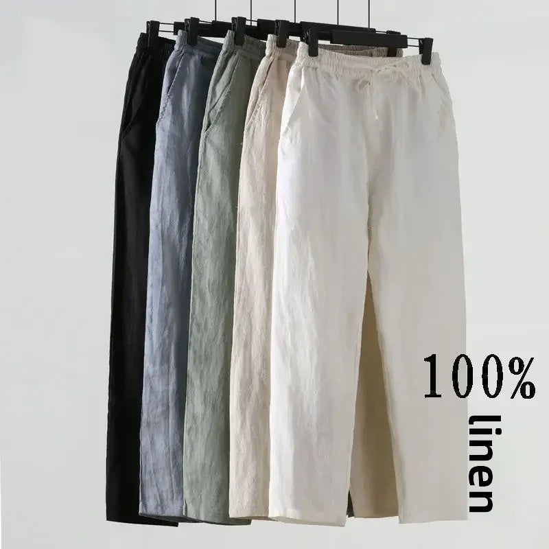 Casual Men's Linen Pants Loose Fit Cotton Linen 3/4 Length Pants Chinese Style Men's Material.