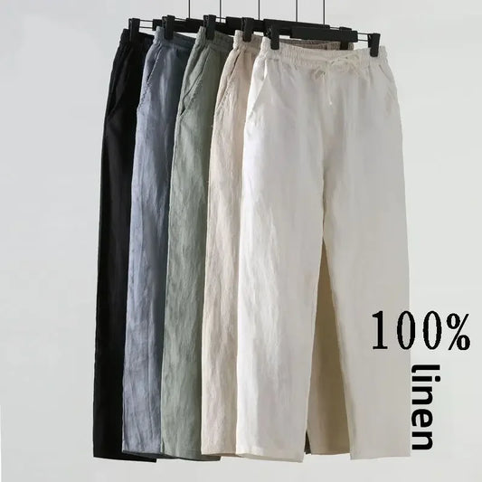 Casual Men's Linen Pants Loose Fit Cotton Linen 3/4 Length Pants Chinese Style Men's Material.