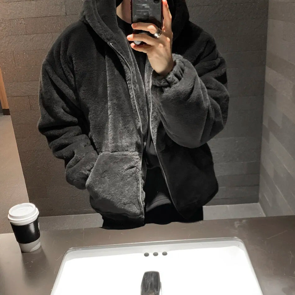 Winter faux lamb wool jacket men's padded thickened cotton clothing loose fleece jacket cotton clothing.