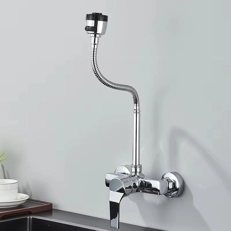 Chrome/black wall-mounted swivel, two-way spout, water stream sprayer, hot and cold water flexible hose kitchen mixer tap