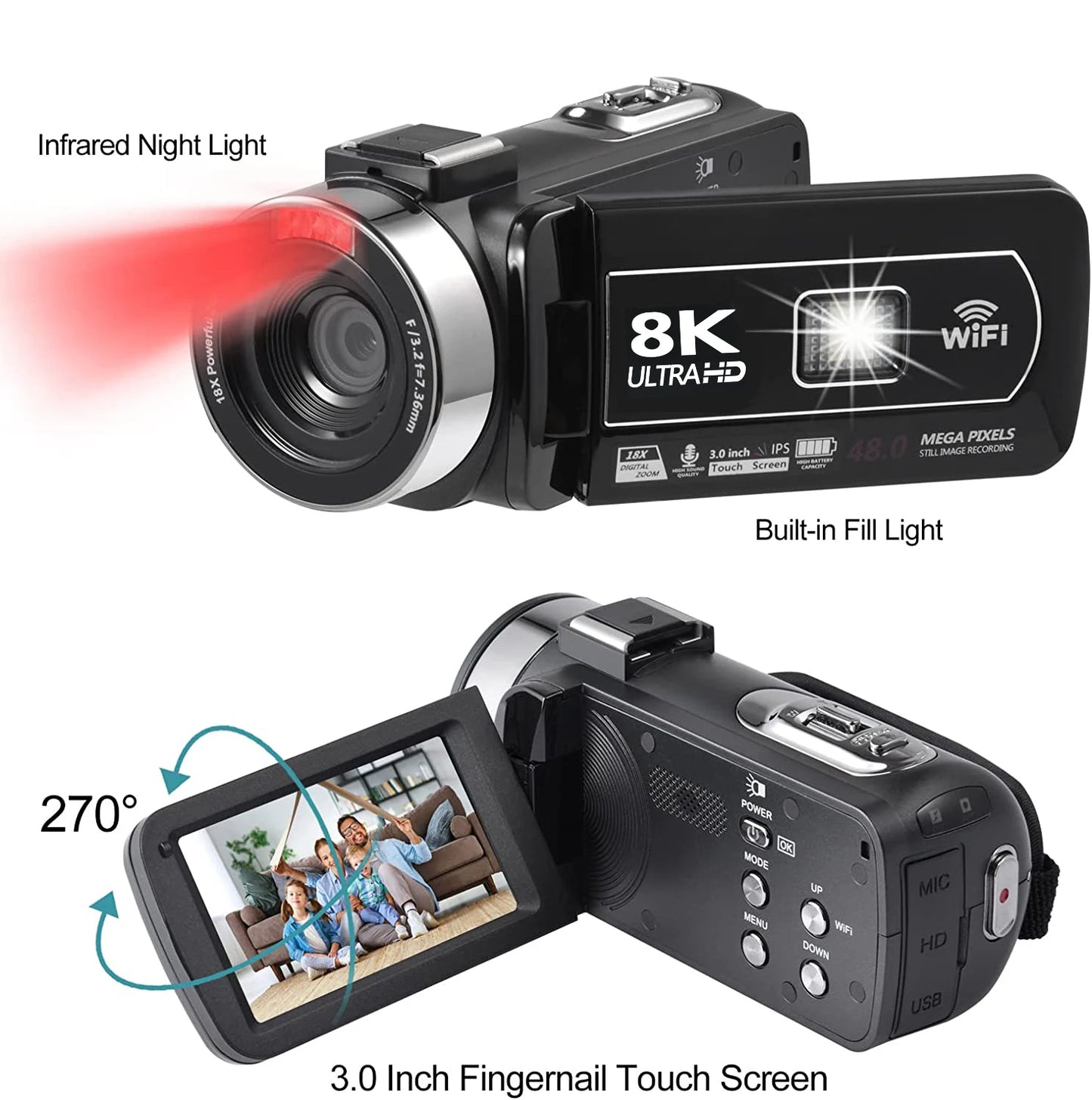 8K HD Video Camera 3 Inch LCD Touch Screen 18x Digital Zoom Camera Recorder Ultra HD WIFI Portable Recording Camcorder.