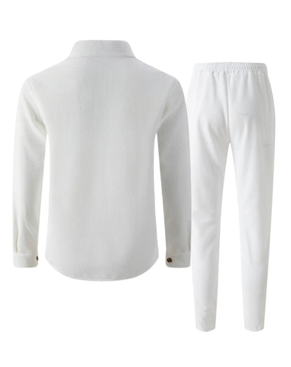 New autumn style waffle long-sleeved solid-color double-pocket buttoned cardigan shirt and pants set.