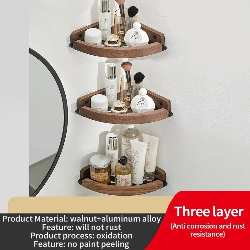 Badezimmer-Aufbewahrungsregal aus Holz und Aluminium, Aufbewahrungsregal für Badezimmer, perforationsfrei, Wandbehang, Waschtisch, WC, dreieckiges Eckregal