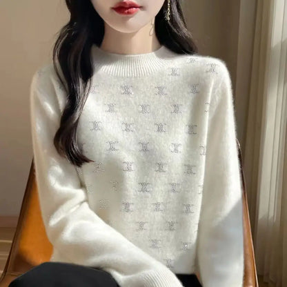 Temperament Fashion Autumn Winter New Sweaters Women Turtleneck Diamonds Long Sleeve Loose Pullovers Bottoming Shirt Knitted Top.