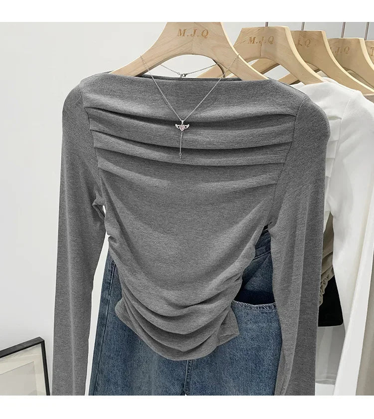 Spicy Girl Style One-Collar Ruffles Cropped Long Sleeve T-Shirt Women's Autumn/Winter New Arrival Base Layer Sweatshirt
