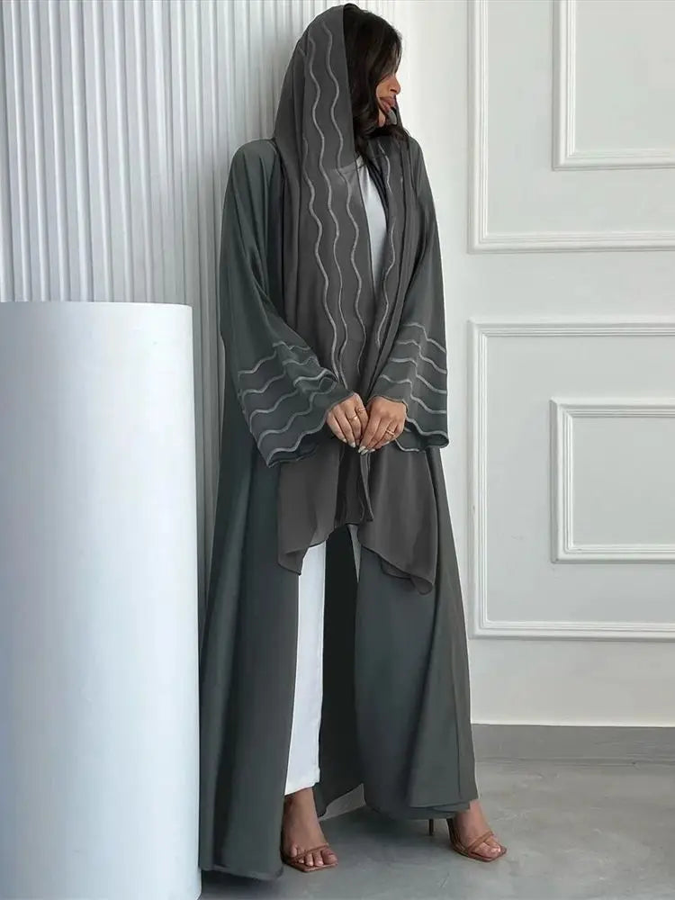 Ramadan Eid Women Gray Black Dubai Khimar Abaya Islam Muslim Kimono Hijab Dress Set Kebaya Kaftan Djellaba Robe Femme Musulmane.
