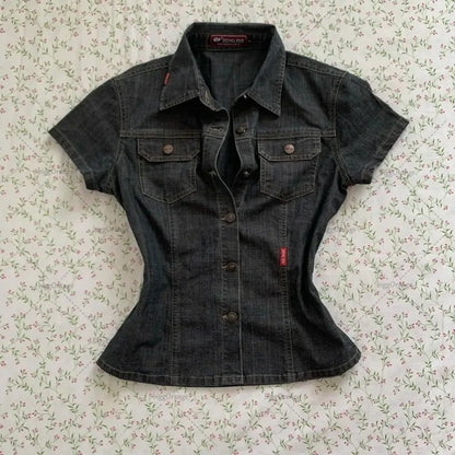 2025 Street European and American Sexy Oversized Denim Shirt Casual High Street Striped Button Top Y2k New Punk Clothing Women.