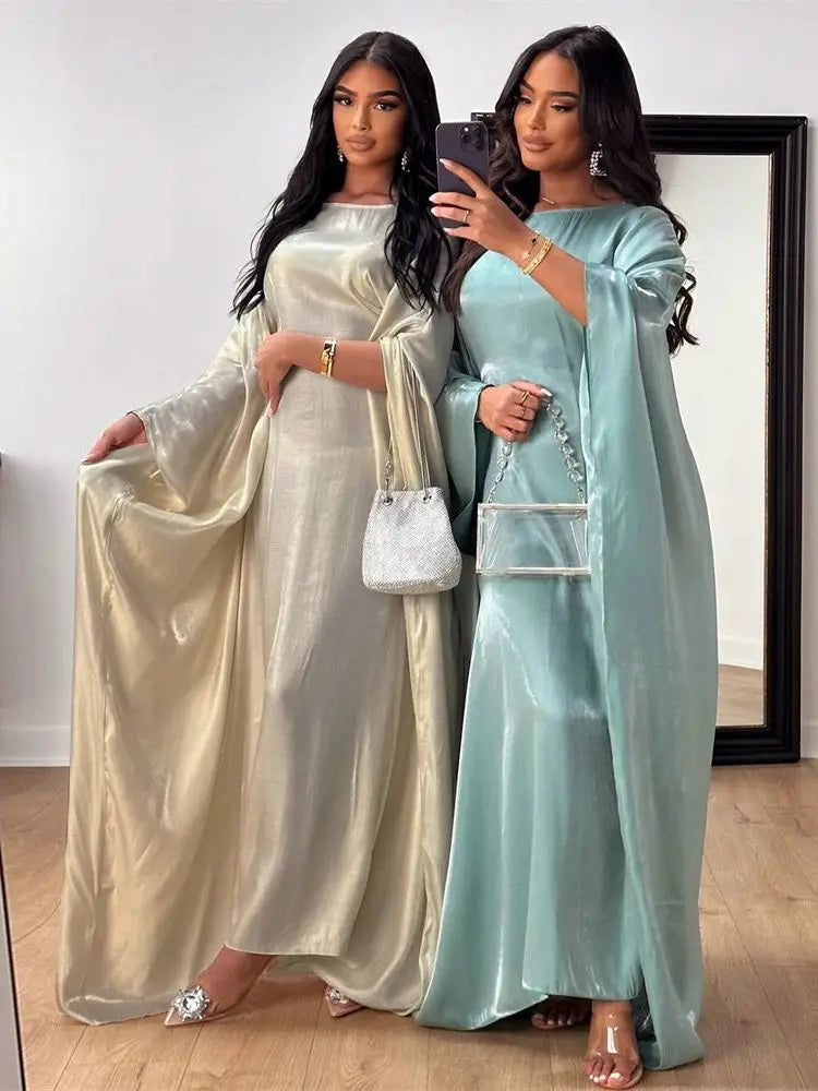 Ramadan Summer Batwing Sleeve Satin Butterfly Abaya Islam Muslim Maxi Dress Kebaya Women Kaftan Robe Musulmane Femme Vestidos.