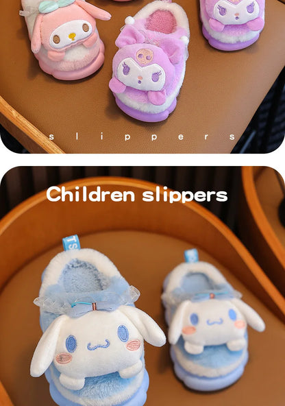 Sweet Family Winter Warm Slippers Cute Kawaii Sandals Kuromi My Melody Hello Kitty Soft Sole Shoes.
