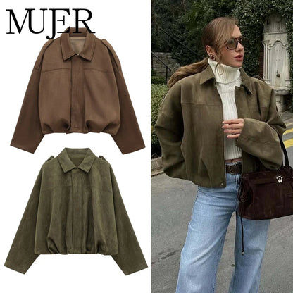 MUJER 2025, Wildleder-Bomberjacken für Damen, Oberbekleidung, übergroße Jacke, Damen-Streetwear, Reißverschluss, Damenmäntel, gepolsterte Varsity-Jacken