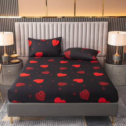 3pcs Valentine's Day Heart Print Bed Canopy Pillowcase Set Romantic Love Theme Red Heart Design Fitted Sheet Suitable for Girls.
