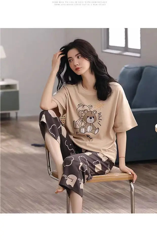 Sommer Neue Damen Pyjamas Homewear Set Kurzarm Pyjamas frauen Sommer Einfache Koreanische Cartoon Lose Große Größe Homewear.